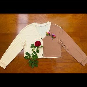 Brown/cream, color-block, v-neck, ribbed, top.